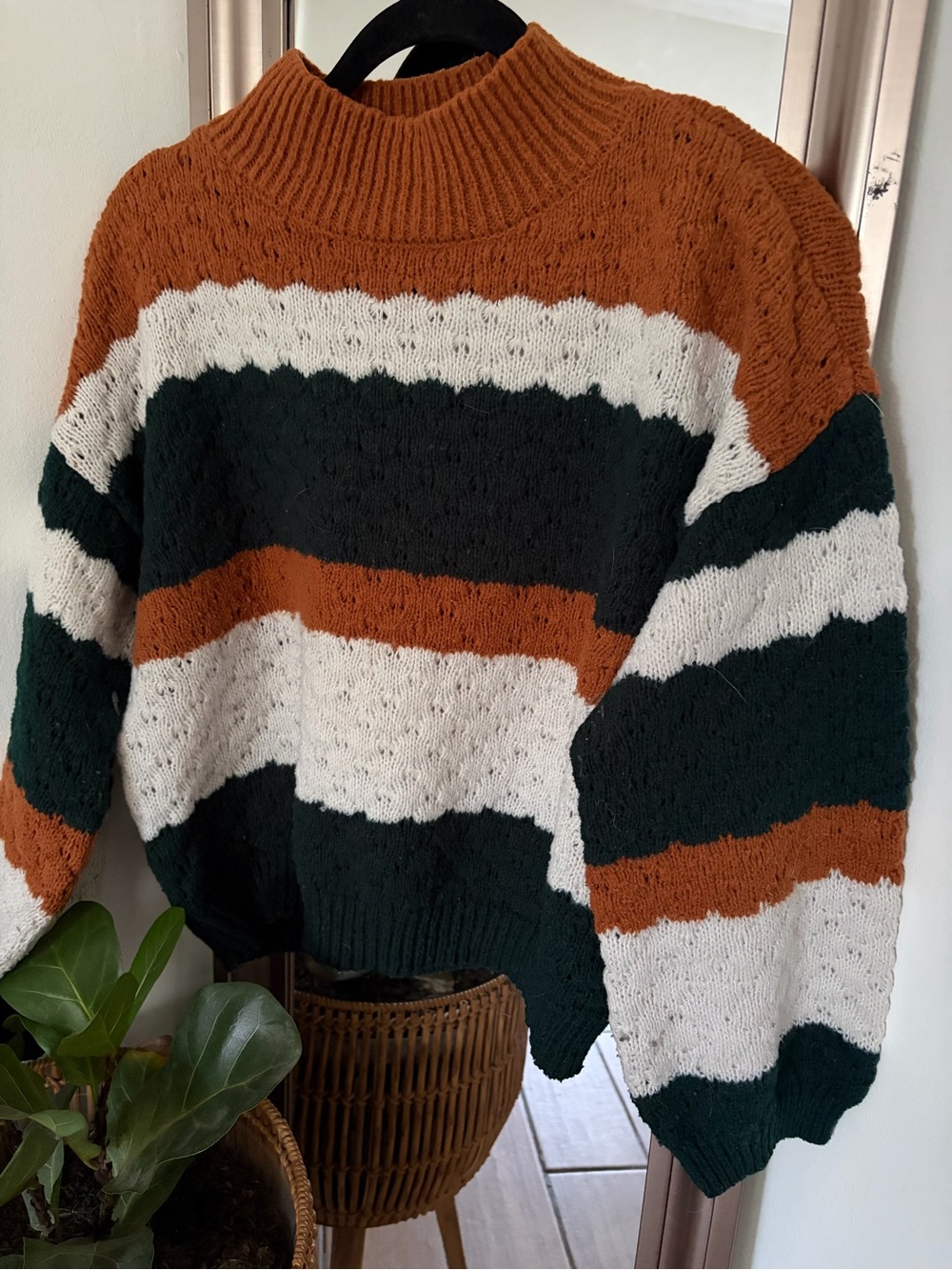 MINE Women’s Large Chunky Striped Sweater Rust Green Cream Mock Neck